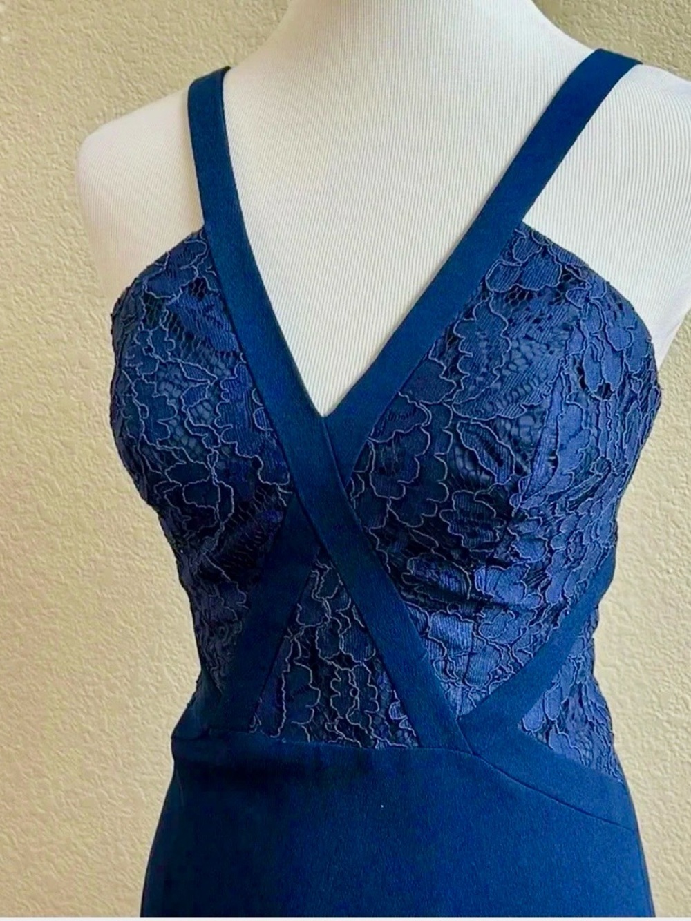 Aidan Mattox Navy Lace Bodice Spaghetti Strap Mini Dress - Picture 2 of 6